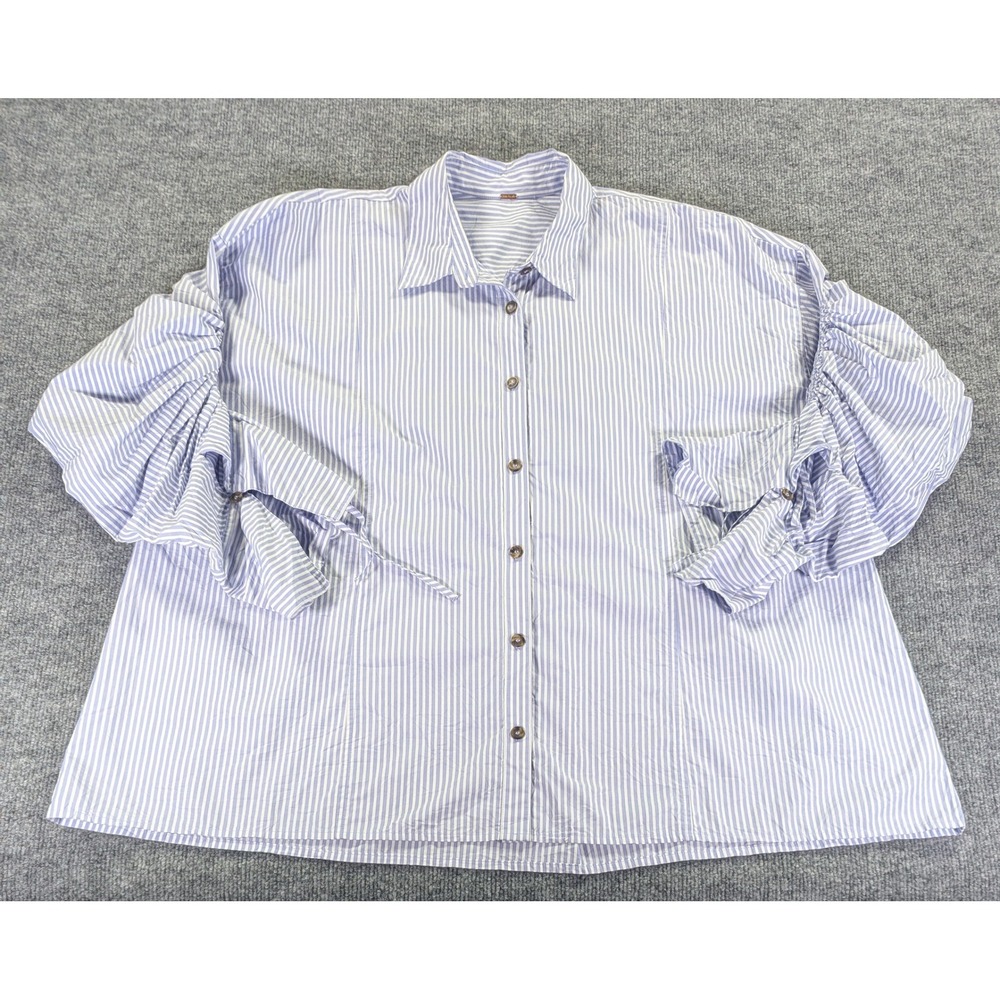 Free People Brown Eyed Girl Blue White Striped Ruched Sleeve Cotton Button
 Up L